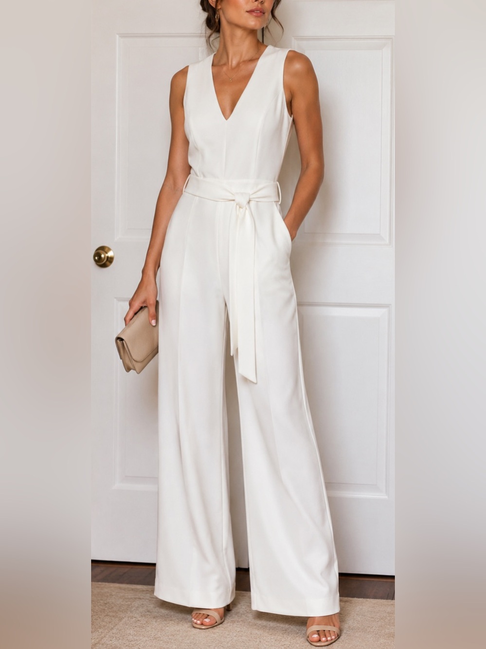 Vince Camuto Women’s Ivory Wide Leg Jumpsuit Size 2 Sleeveless Belted NWT